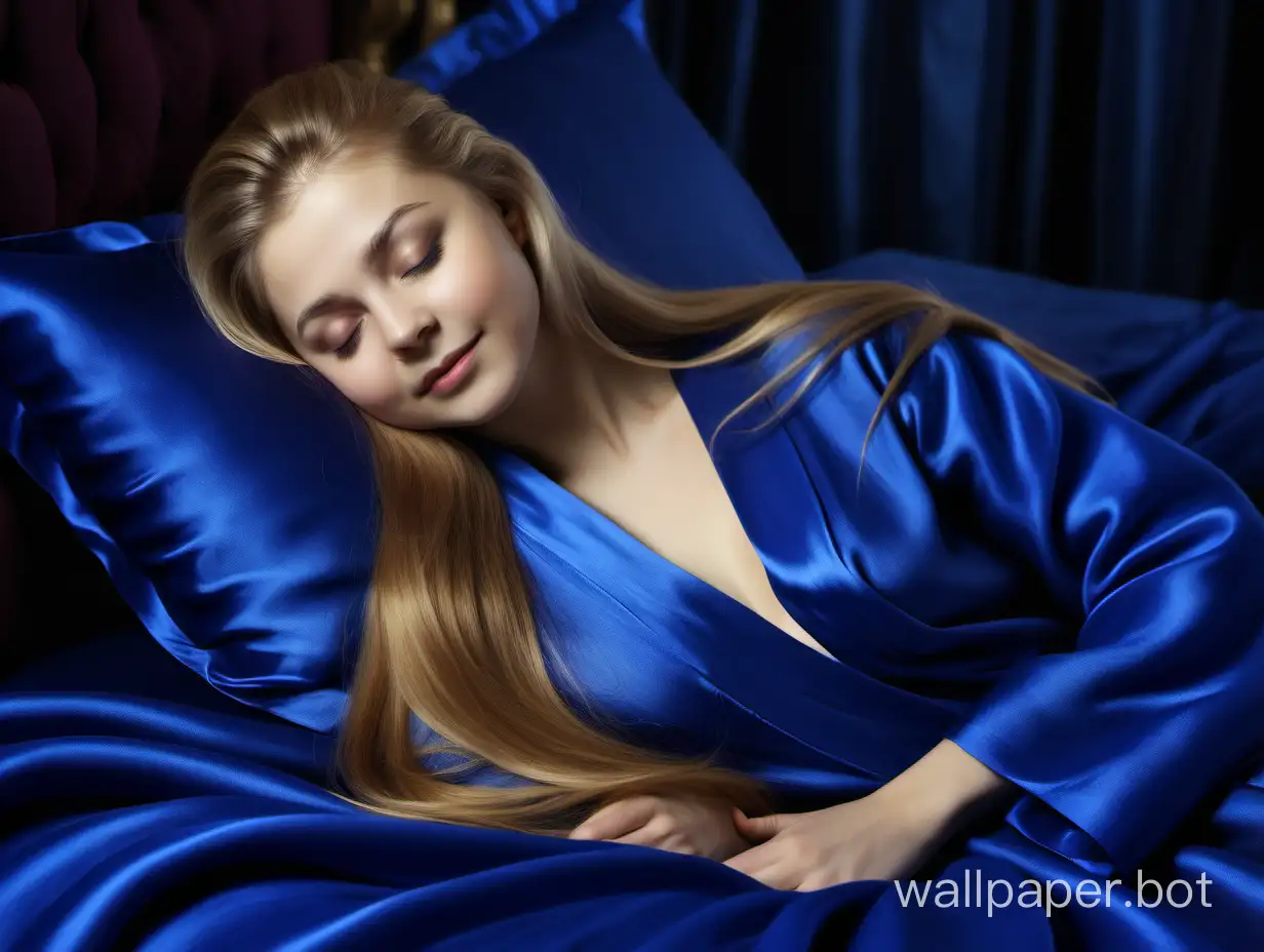 Gentle, Sexy, Young Yulia Lipnitskaya sleeping on luxurious silk royal blue pillow and under silk blanket in with long straight silky hair and gently smiling in Luxurious royal blue Silk Robe