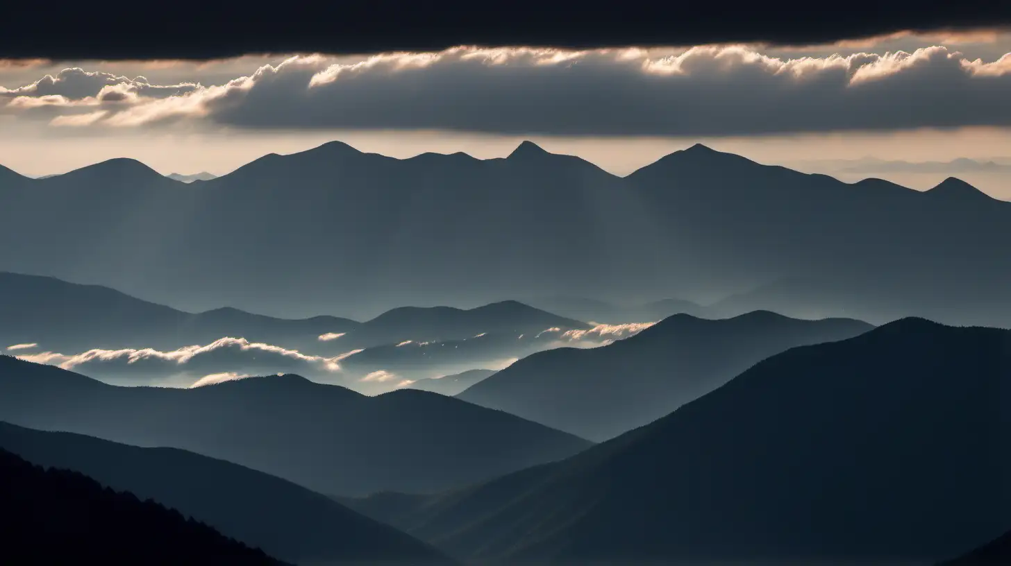 Majestic Mountain Peaks Amidst Ethereal Clouds in Soft Ambient Light
