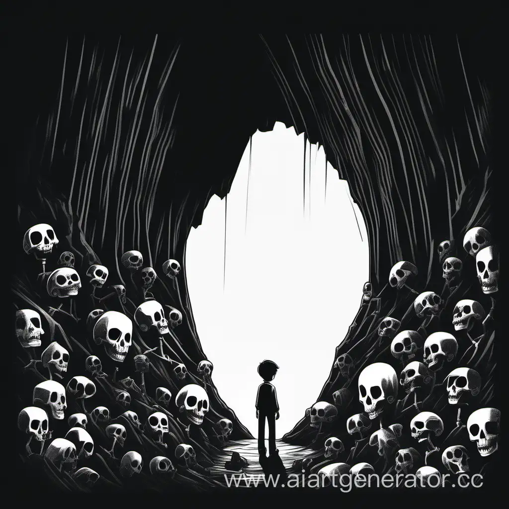 Dark-Minimalist-Art-BobHaired-Boy-Reaching-to-Skeletons-at-Cliff-Edge