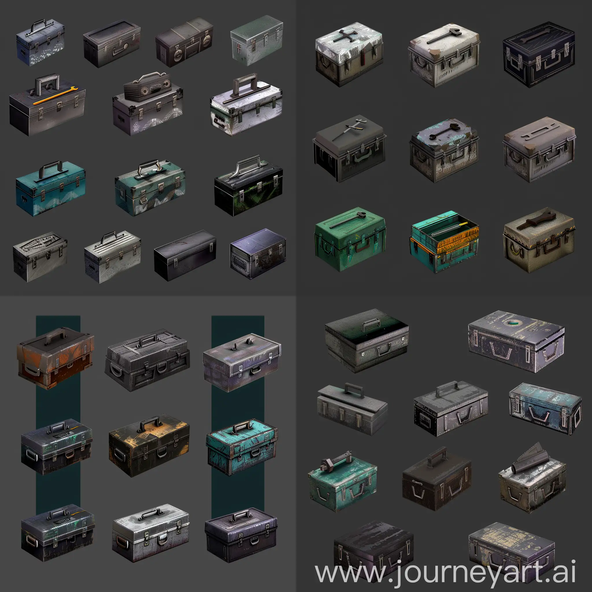 Isometric-Set-of-Old-Instrument-Kit-Repair-Tools-Metal-Boxes-in-Ultrarealistic-Unreal-Engine-5-Style