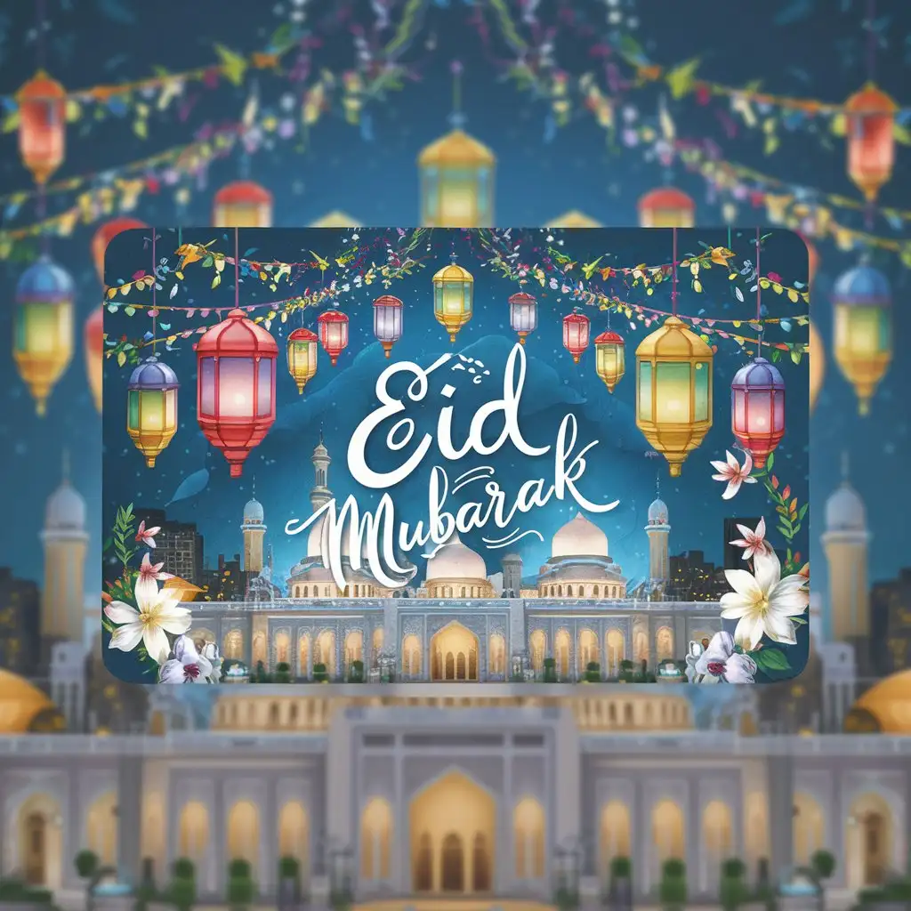 Gift card with text "eid mubarak" Flowers lantern mosques