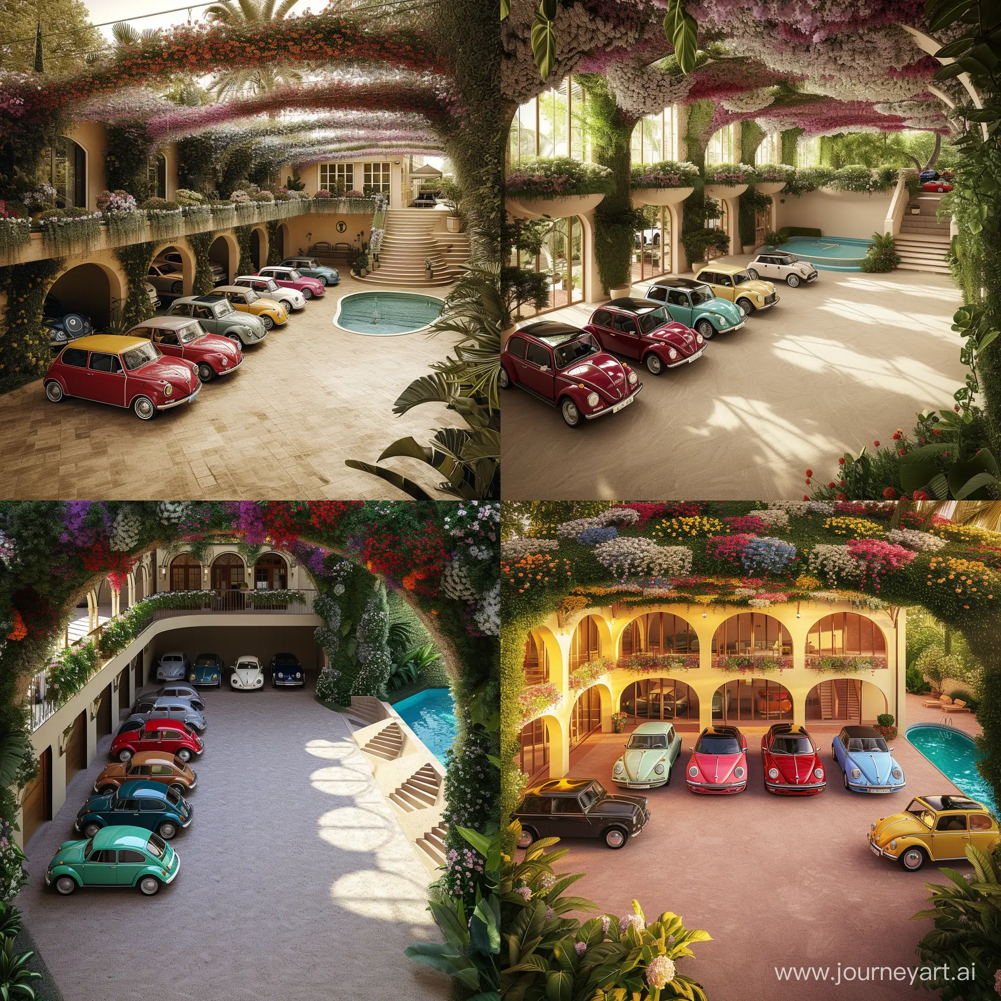 A duplex house with a large yard and a swimming pool and Five car Alfa Romeo Giulietta, Mini Cooper, Beetle, Fiat 500 and Volkswagen cars in a row in the parking lot in a parking  roof covered with flowers and plants On the right side and at the entrance to the courtyard
In the continuation of the path, four semi-circular stairs lead us to the inside of the house

