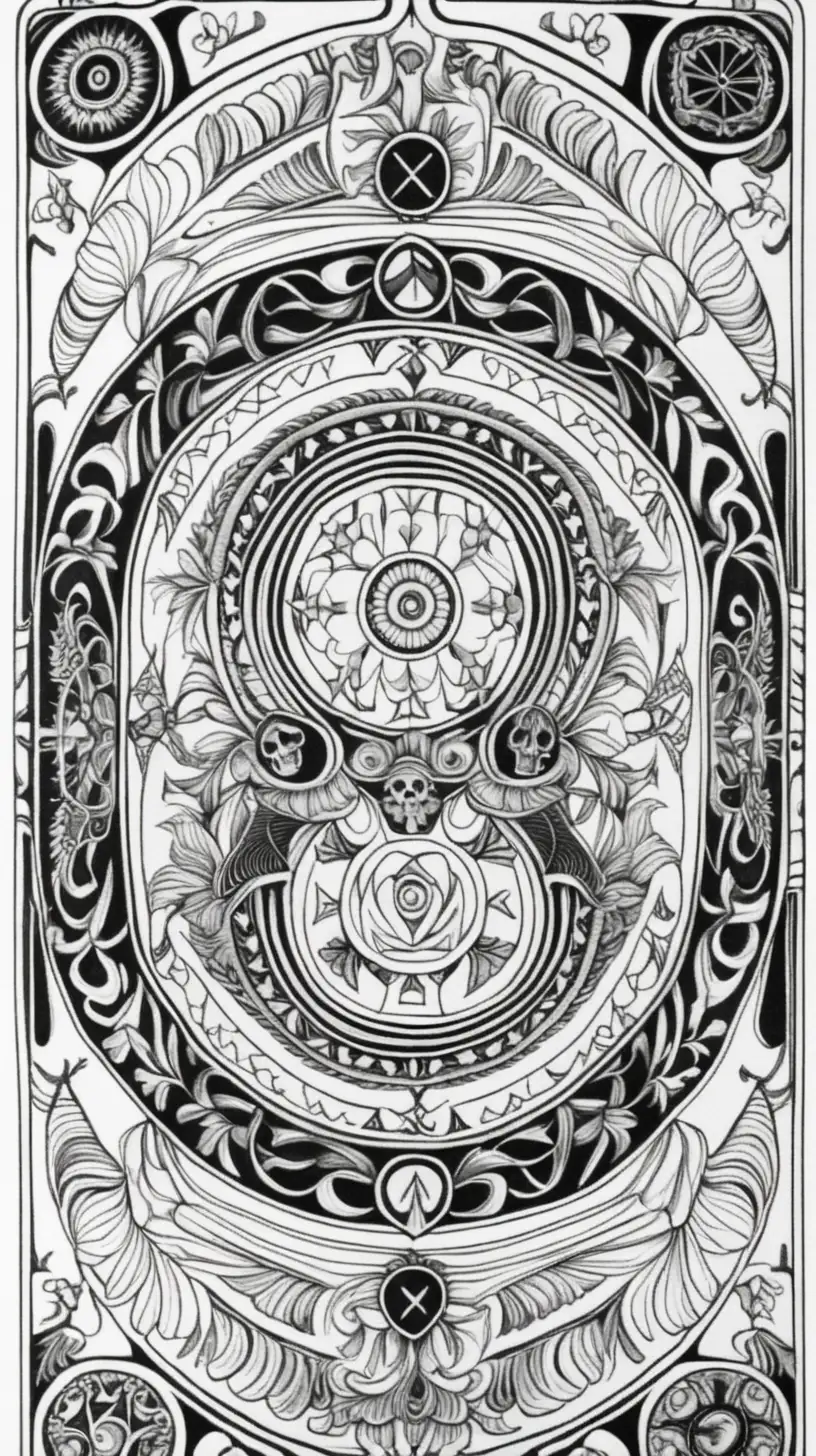 black & white, coloring page, white background,  high details, symmetrical mandala, clear lines,  death tarot card