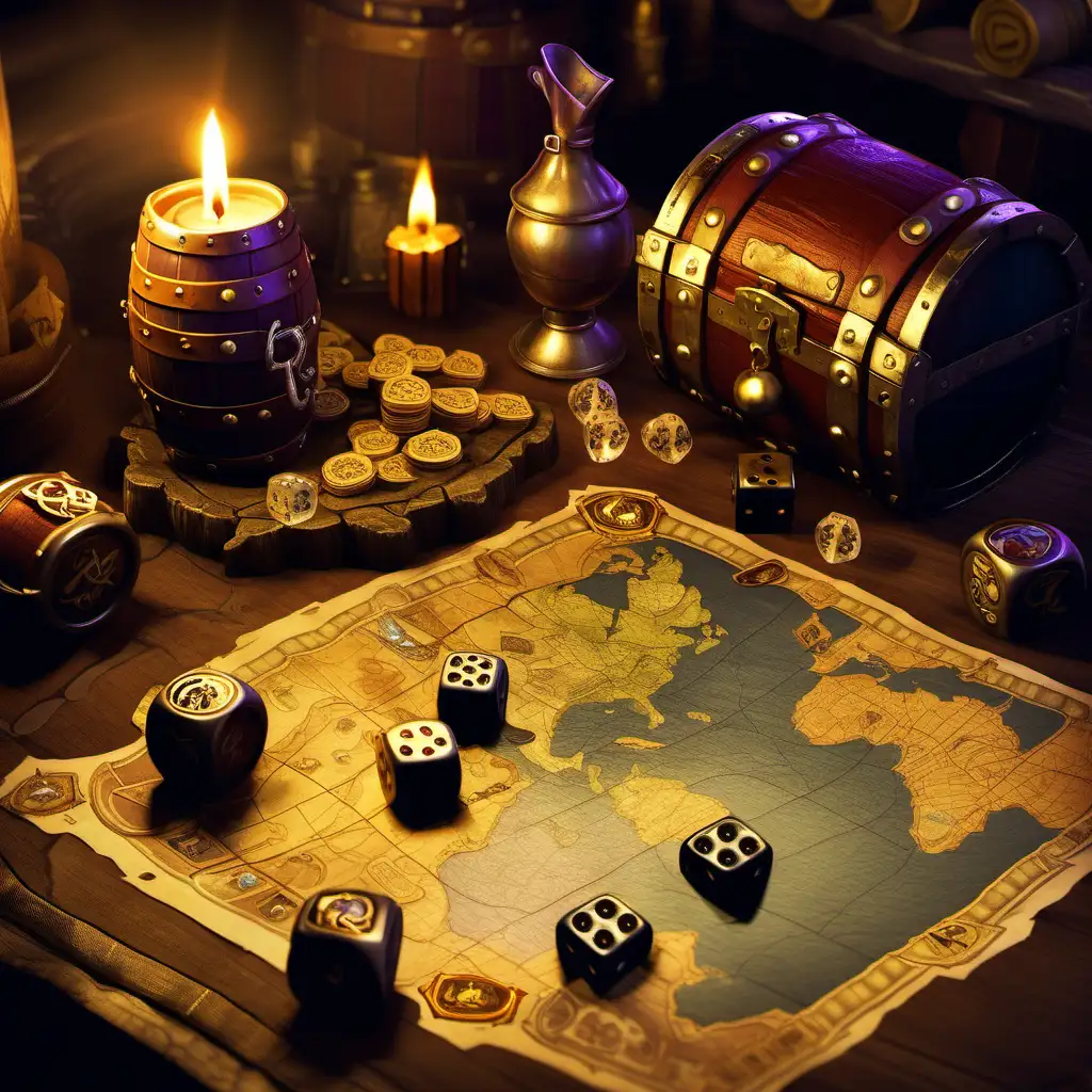 van cleef, captains quarters, the deadmines, barrel of grog, 2 daggers stuck faced down, map, doubloons, 2 dice with snake eyes, world of warcraft tcg, stylized game asset, candle, swashbuckler