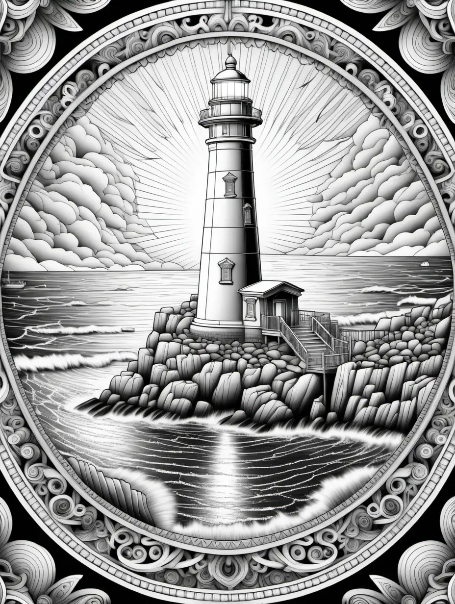 Detailed 3D Symmetrical Lighthouse Mandala Coloring Page