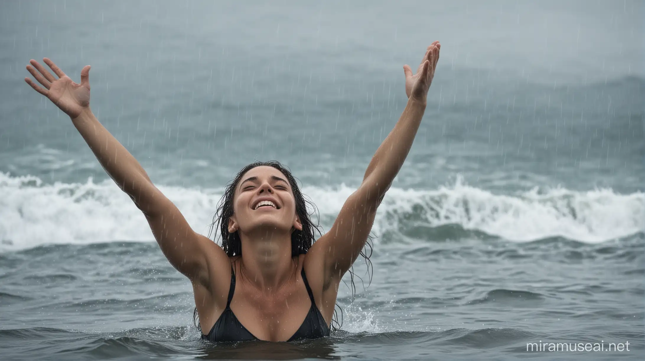 A woman in the ocean, arms raised in the air, head up, eyes closed, rain falling on her