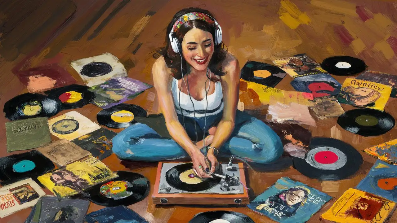painting of a woman sitting cross-legged on the floor with headphones on, record player on the floor in front of her, vintage record album covers spread around her, broad strokes