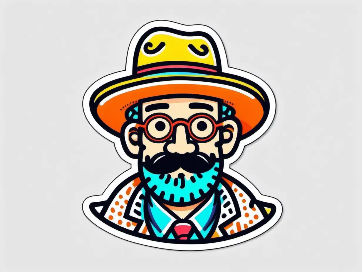 line art cartoon male character with vibrant color, like a sticker, white background in the style of keith haring, large hat and coat and large beard with handlebar mustache