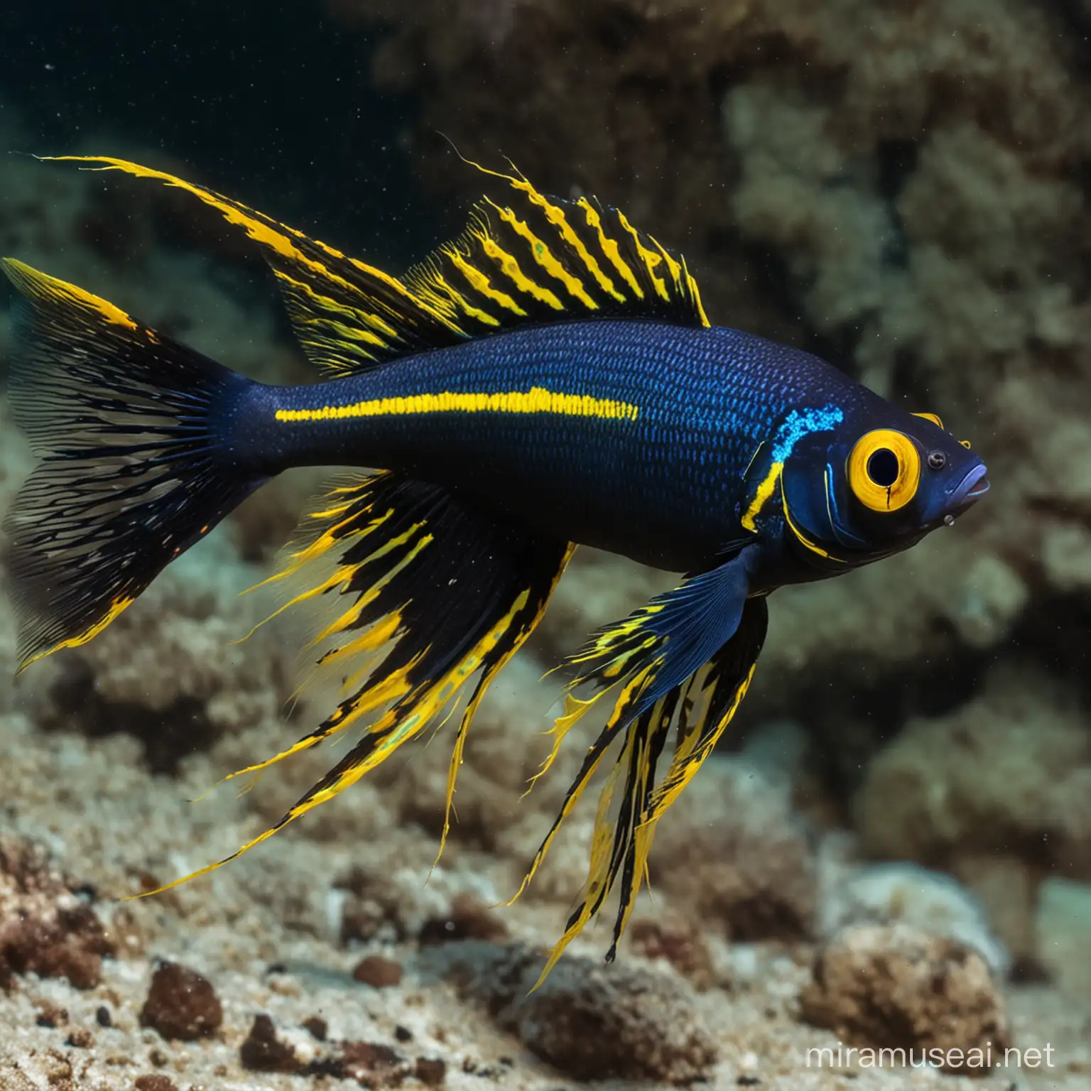 Exotic Fish with Colorful Fins and Glowing Yellow Eyes