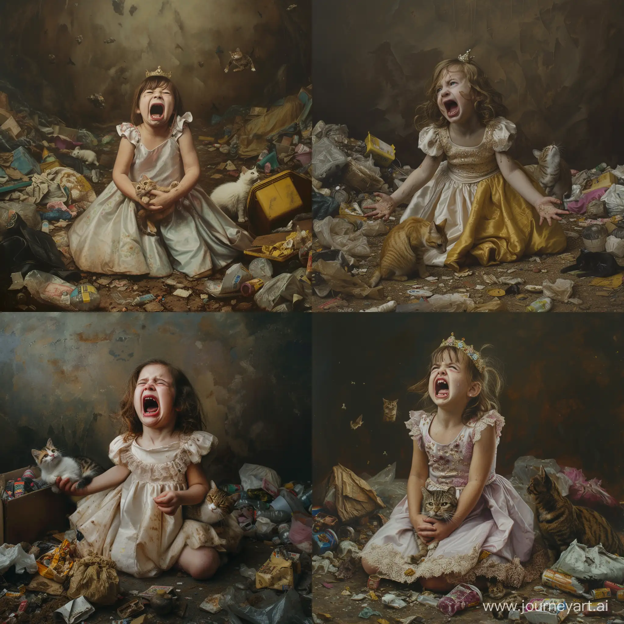 Distressed-10YearOld-Girl-in-Princess-Dress-Holding-Cat-in-Cluttered-Room