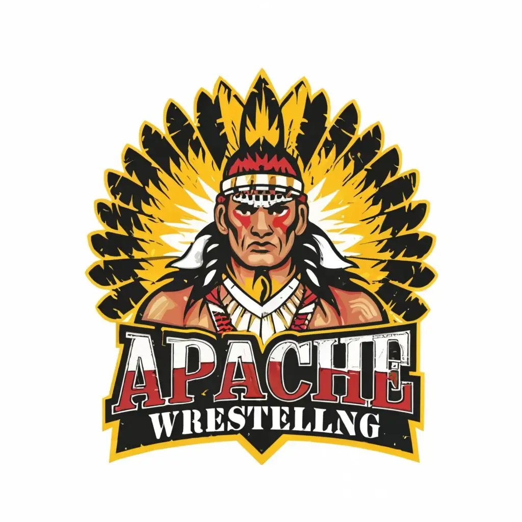 LOGO-Design-for-Apache-Wrestling-Native-American-Warrior-Symbolism-with-Red-Headband-and-Yellow-Accents-for-Sports-Fitness-Industry