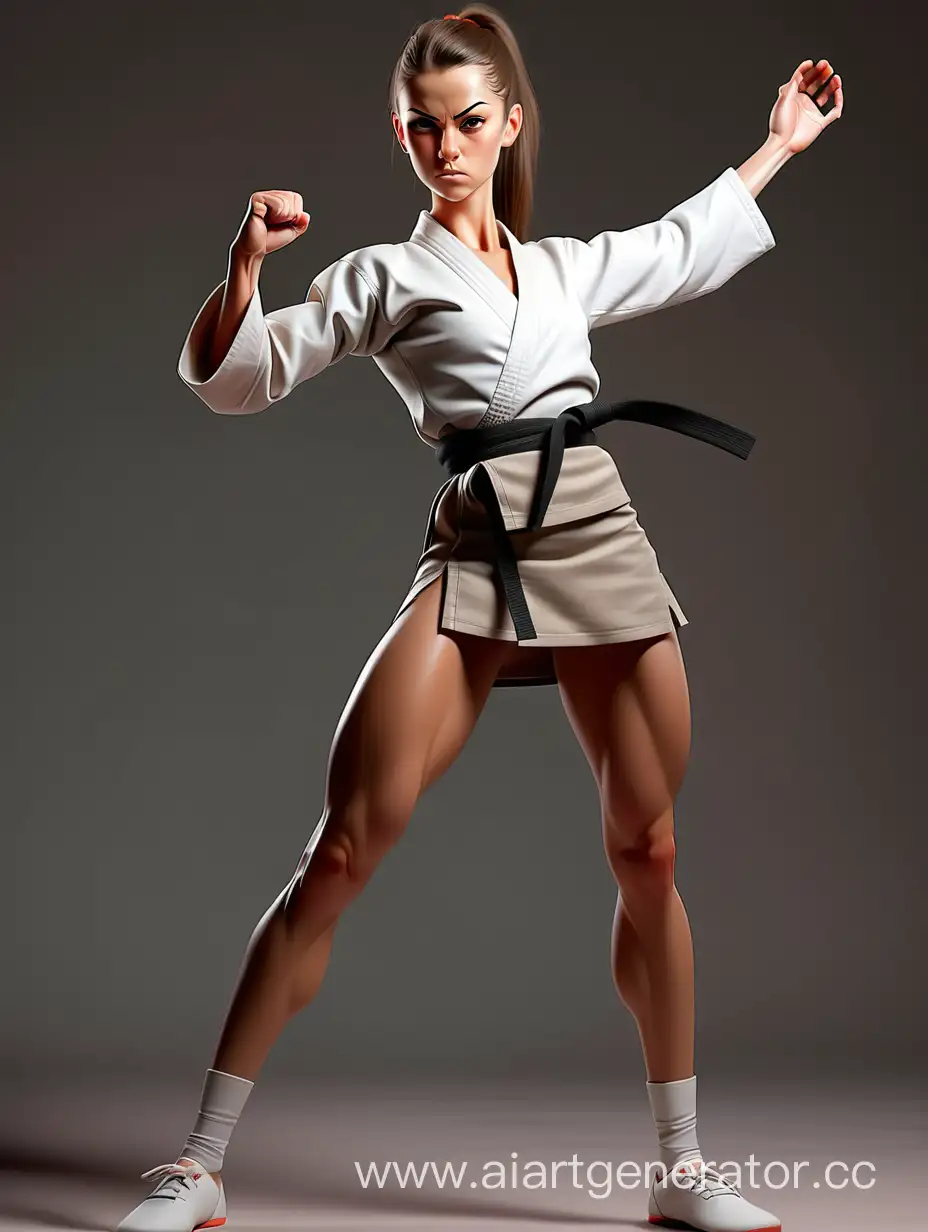 A full-length girl with a narrow waist, wide pelvis and muscular legs in a very short skirt is engaged in karate