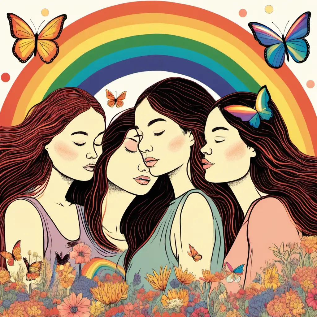 Joyful Women Surrounded by Butterflies and Rainbows