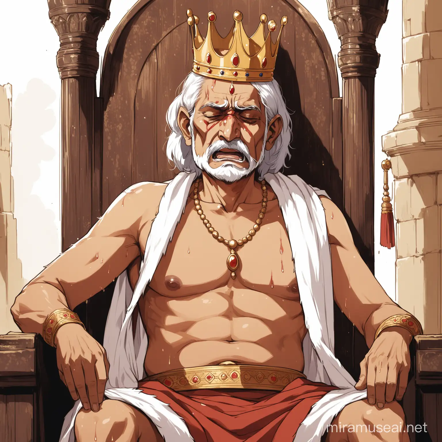 An old south indian medieval king with crown ,sitting on throne ,aged 50 topless with a white towel on right shoulder and having pain in face
