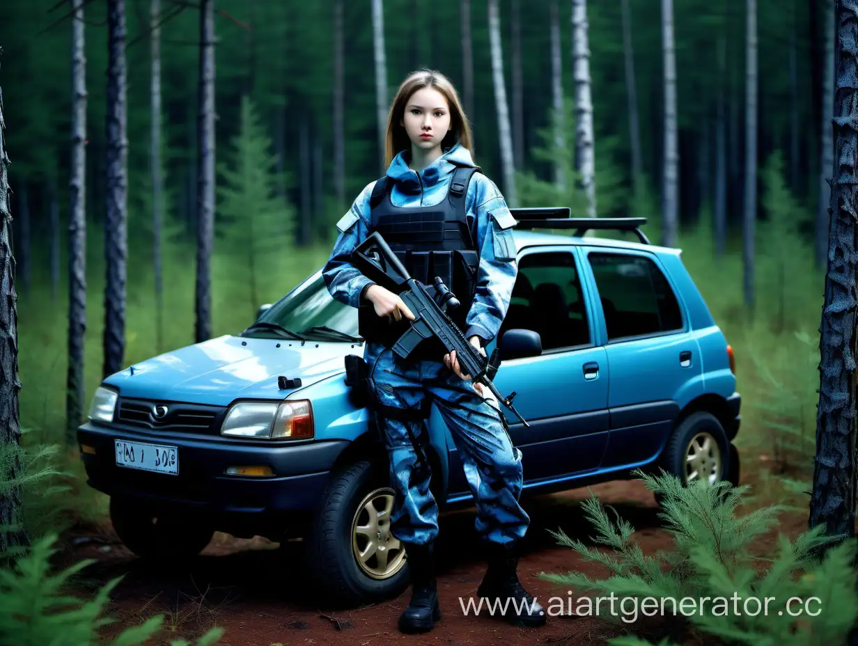 худая девушка не высокого роста в камуфляжной тактической военной форме, с оружием в руках, на фоне немного грязного автомобиля Mazda Demio DW3W 1 поколения 1999 года выпуска, автомобиль светло голубого цвета, на природе в российском хвойном лесу с елями, летом с густой травой в ночное время