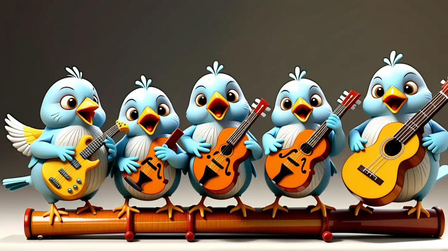 5 small birds playinng on musical instruments, guitar, trumpet, bass