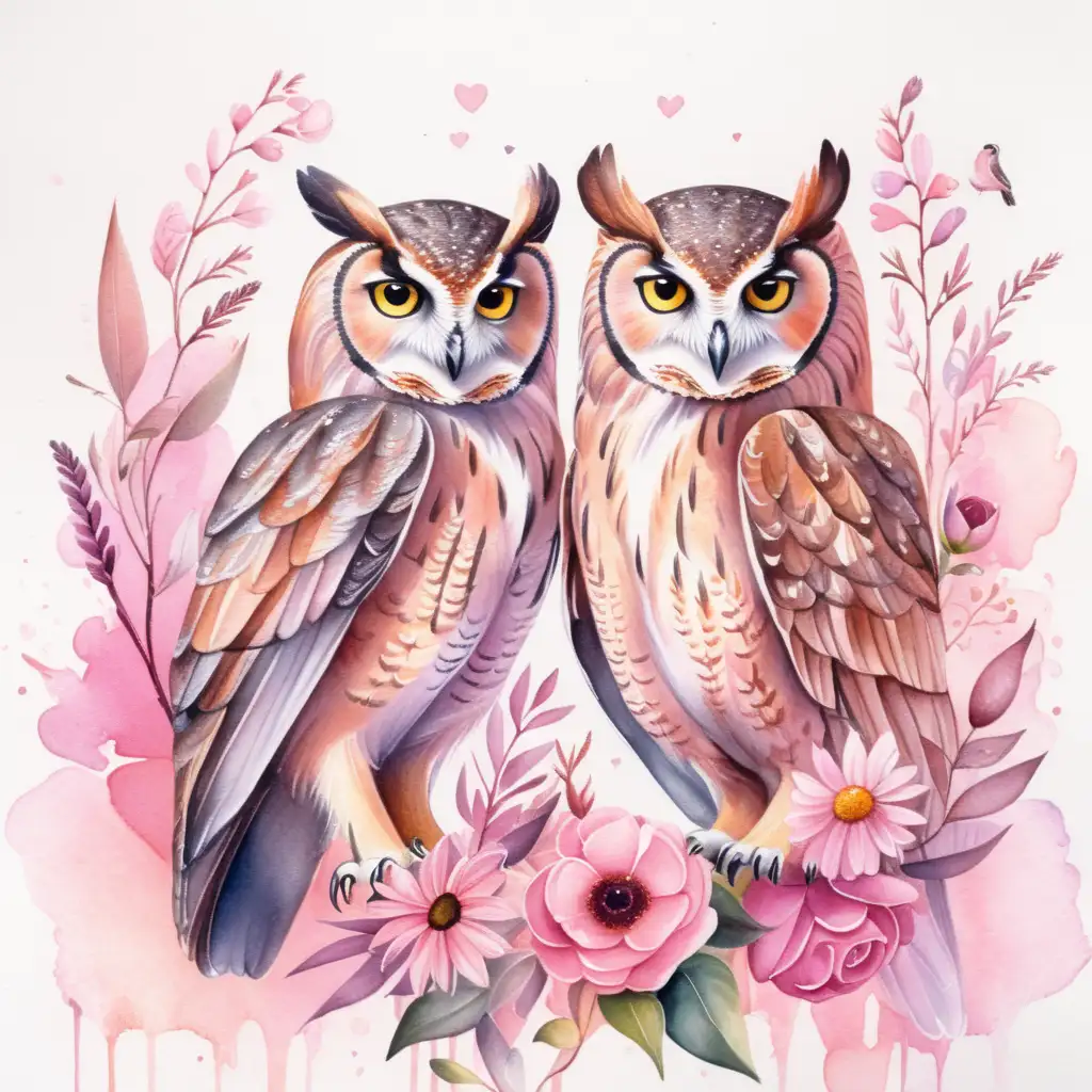 Enchanting Watercolor Depiction of Owl Couple Amidst Pink Floral Splendor