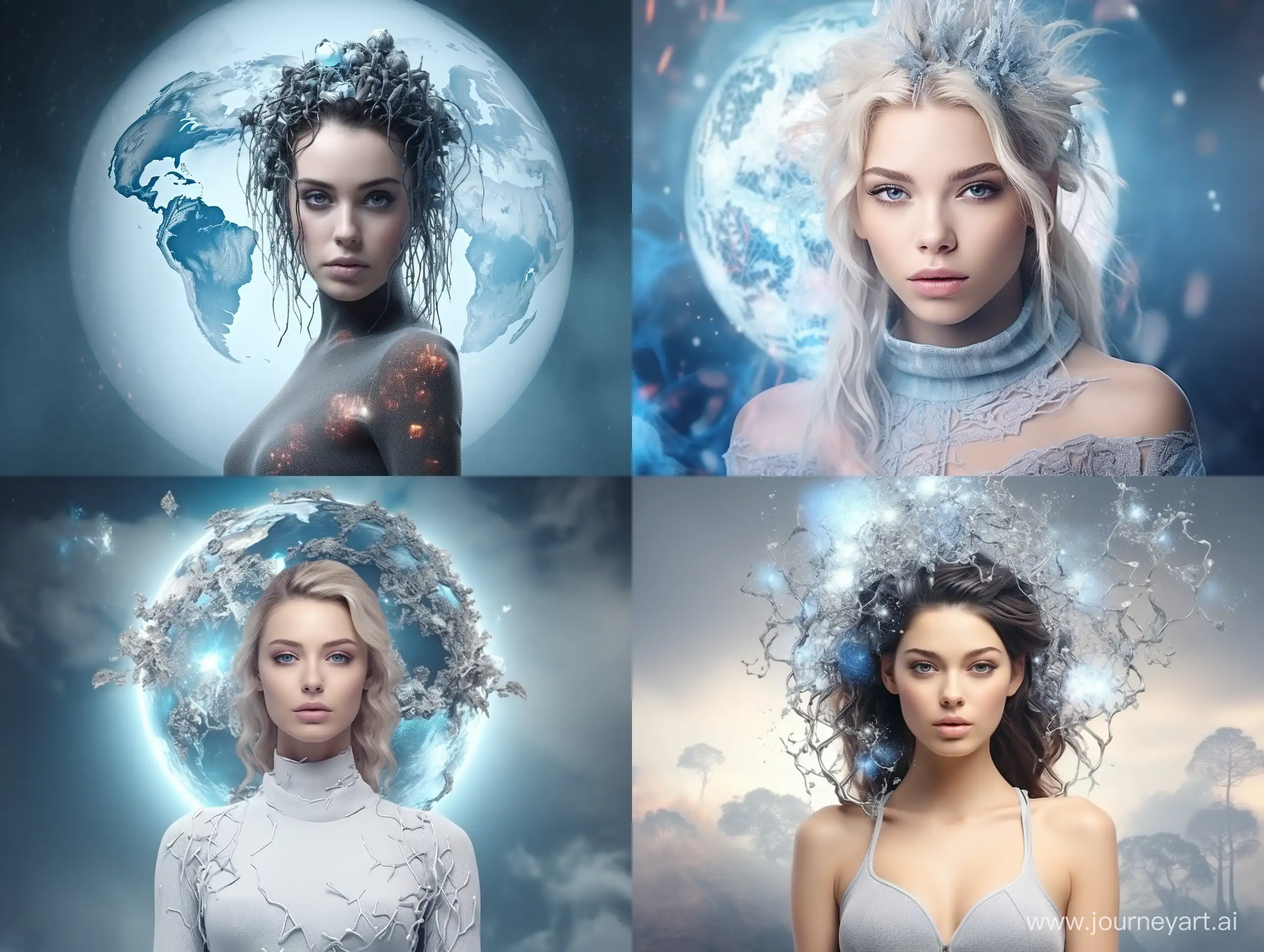 Neural network in the form of a beautiful girl with robot elements, close-up, neurons are generated around the head, fog, haze of bluish color, in the background a small globe-planet earth, shrouded in clouds