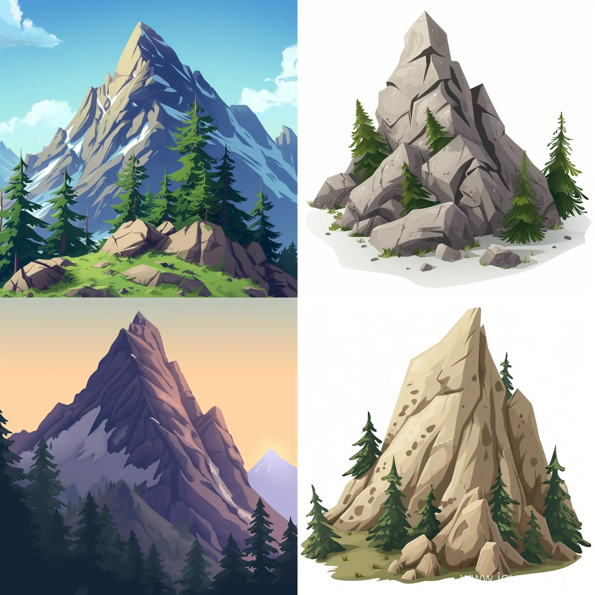 mountain peak with some trees in cartoon style, sharp edges

