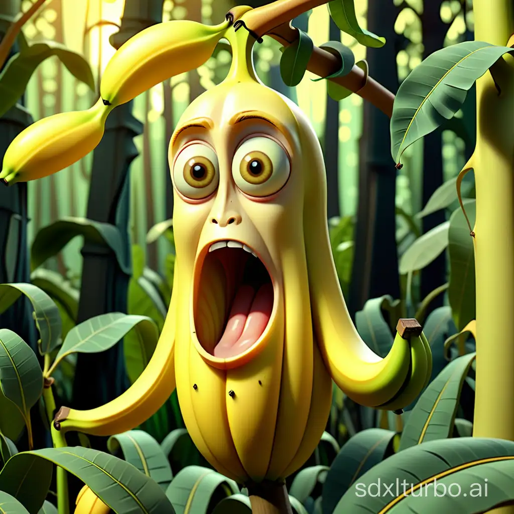 a big and long yellow animated banana, with eyes, mouth, nose, ears, hair, eating another small banana in a green eucalyptus forest, illustration, surrealistic style, full detaills, hd 4k, incredibly beautiful and tender, warm colors, frontal illumination