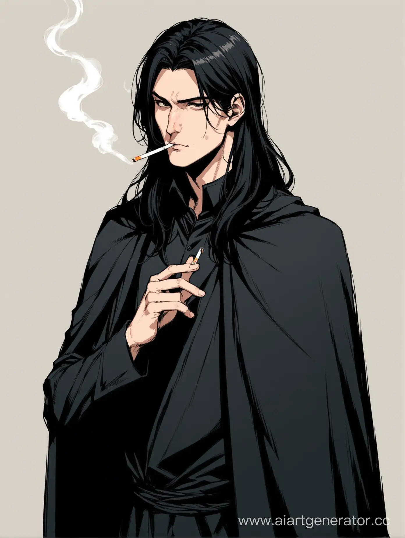 Mysterious-Man-with-Long-Black-Hair-and-Cloak-Smoking-Cigarette