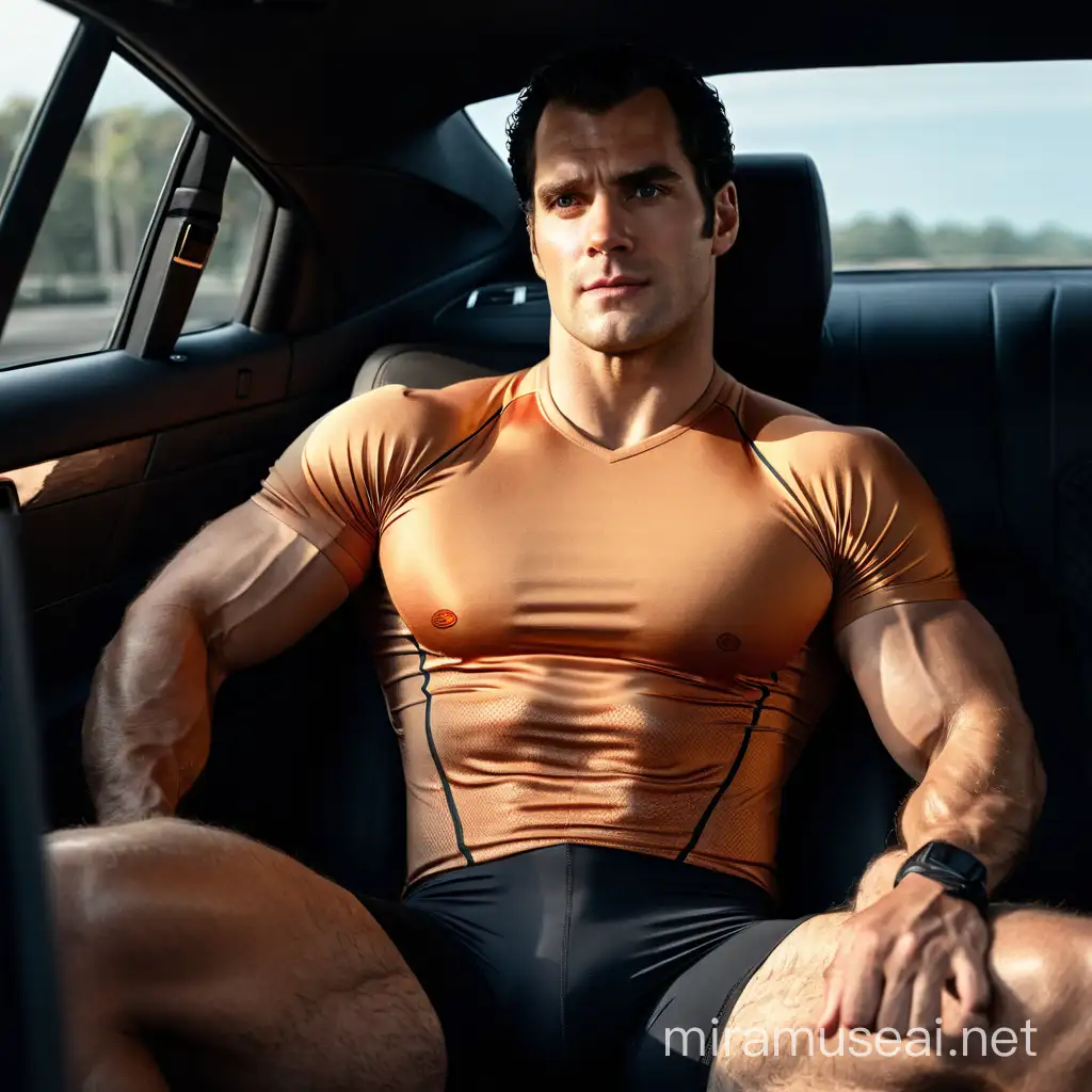 Muscular Bodybuilder in Casual Lycra Shorts Posing in Car Interior