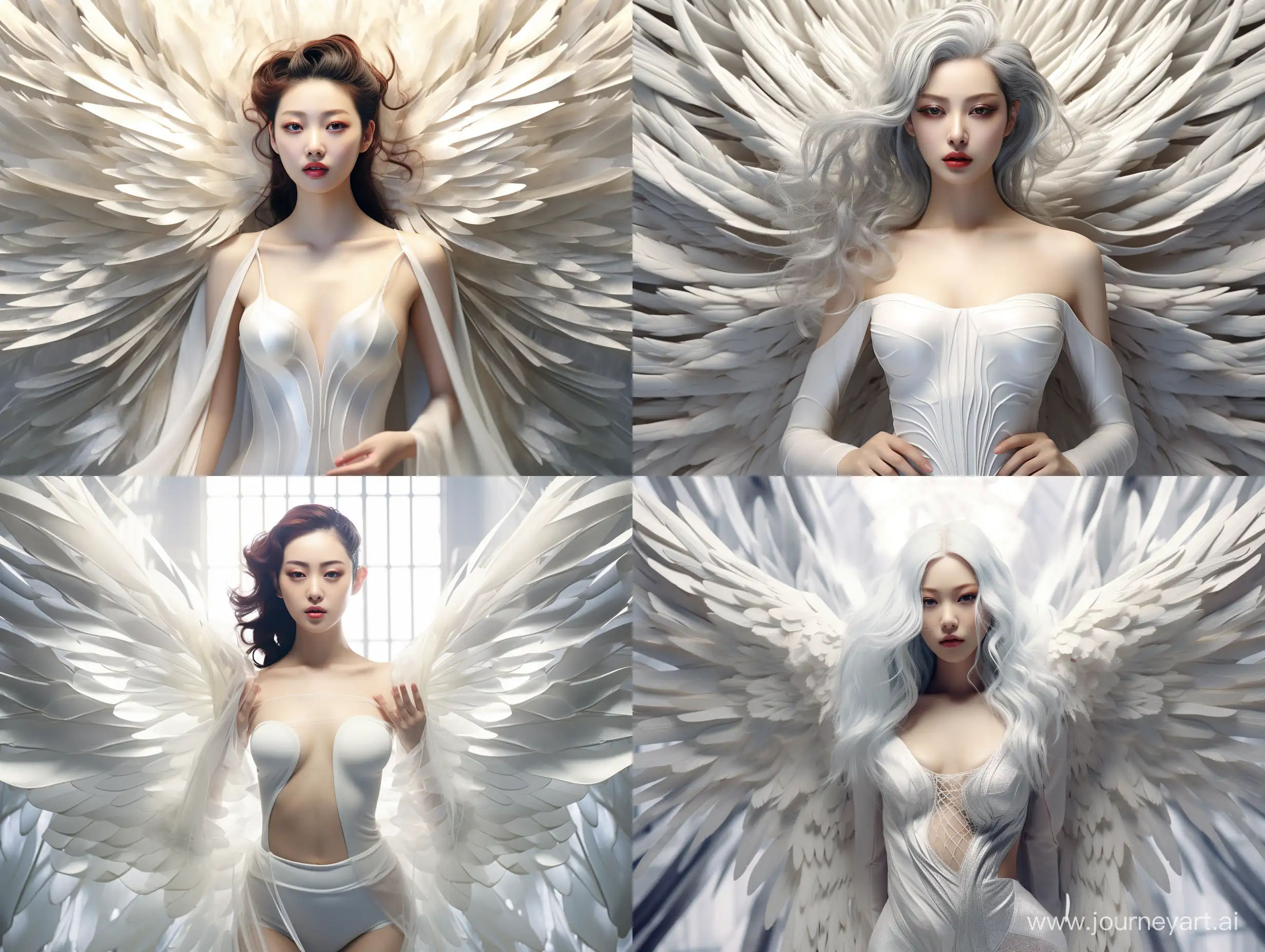 Create beautiful angel, korean look, white skin, busty, white wings, hijab, silk dress shiny energy, hyper realis, surealis, epic, dramatic, 4K
