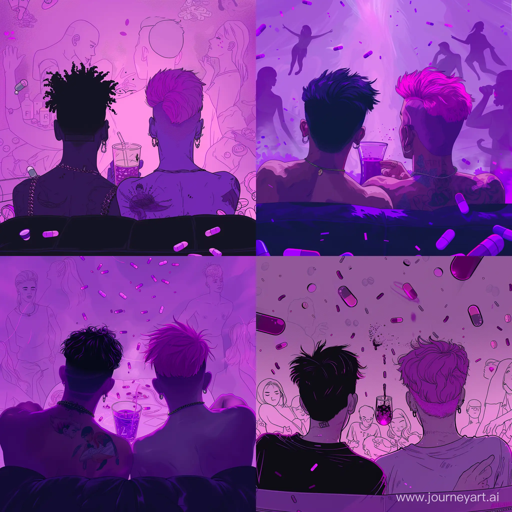Vibrant-Purple-Party-Scene-with-Distinct-Hair-Colors