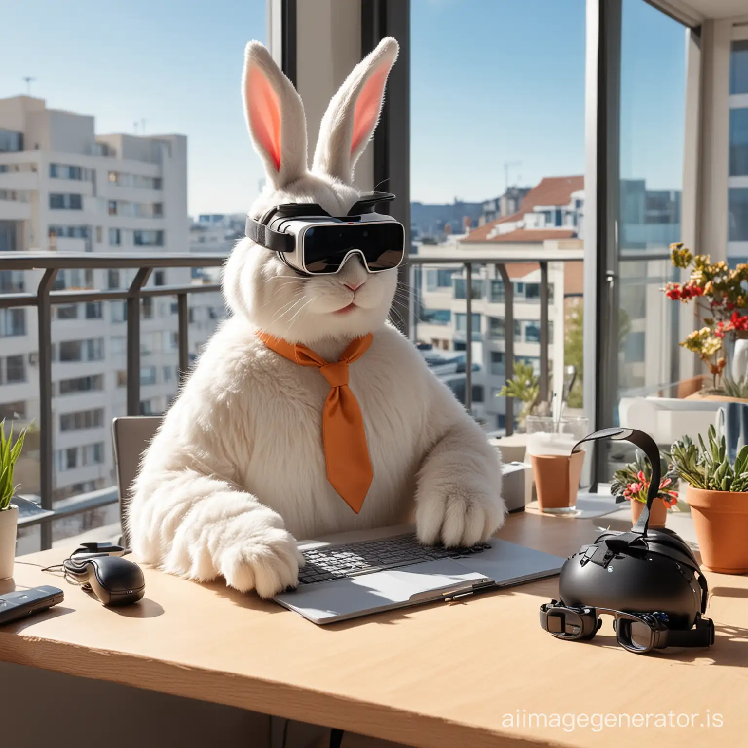 Easter bunny at the desk with VR glasses Meta Quest 3 working on the balcony