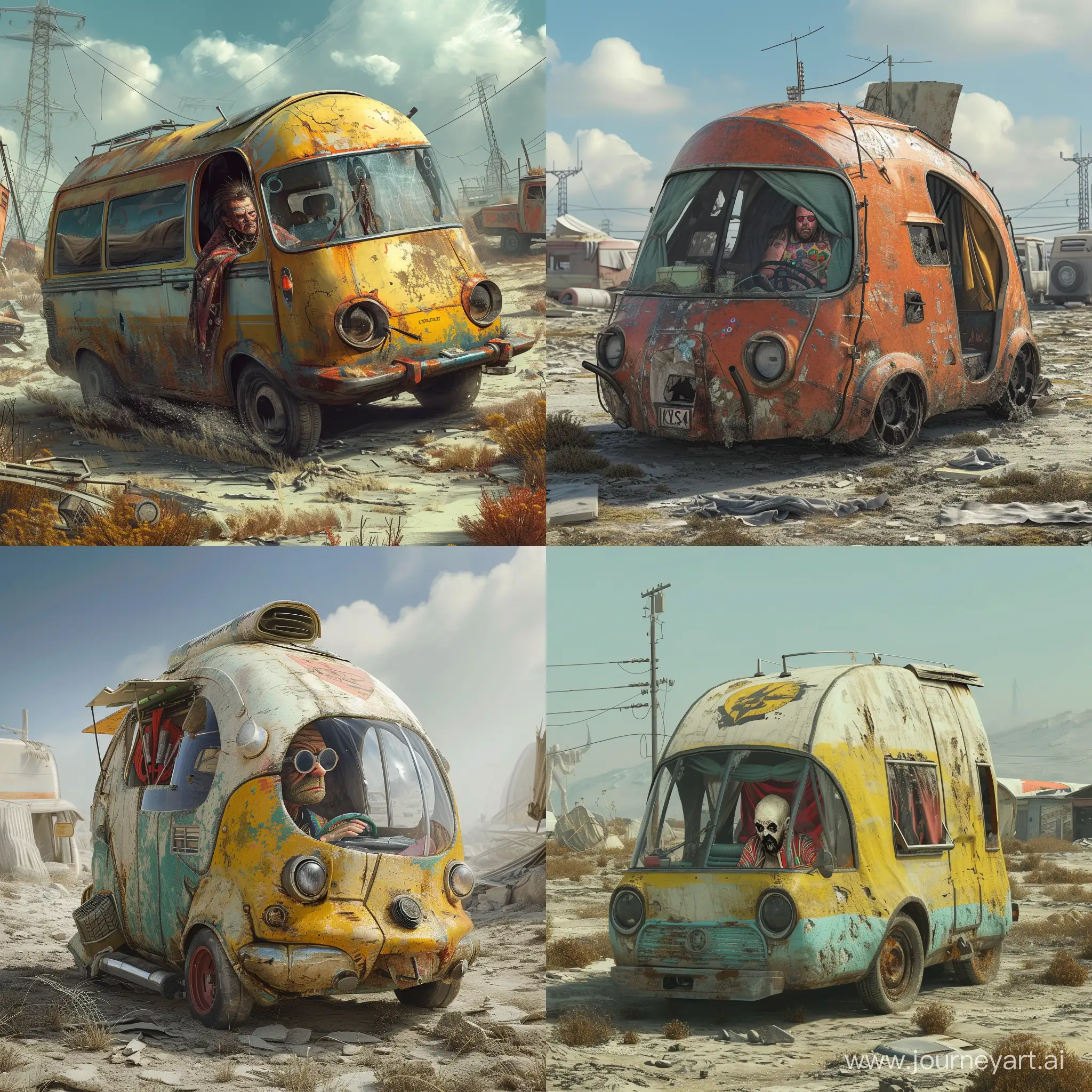 /imagine prompt:
Generate a highly realistic image of the protagonist, a raver and lone traveler, in a post-apocalyptic setting. The protagonist is inside a distinctive camping car, navigating through a desolate landscape. Emphasize the character's unique features, expressive facial expressions, and attire that reflects the raver lifestyle. The environment should showcase the aftermath of destruction, with abandoned structures and a sense of desolation. Capture the atmosphere of solitude and resilience as the protagonist journeys through the apocalyptic world.
