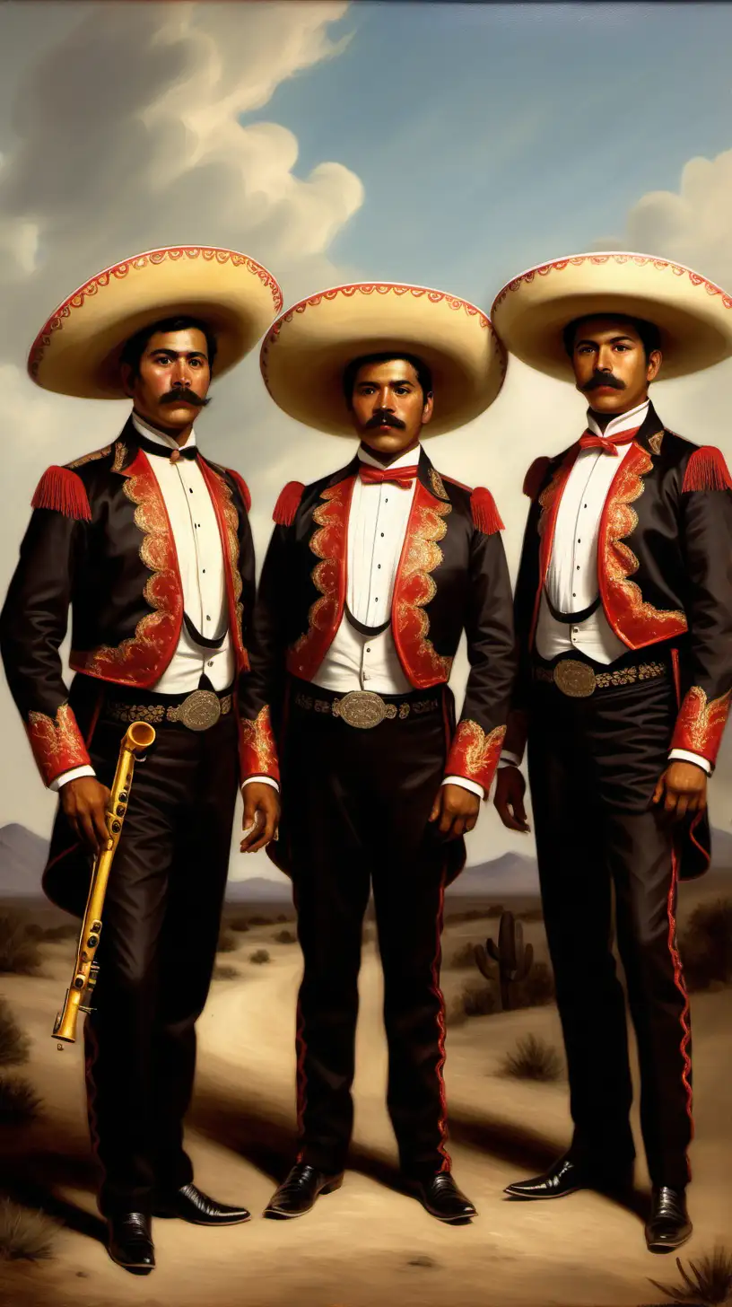 oil painting of a three men  wearing a mariachi suit in the 1800s