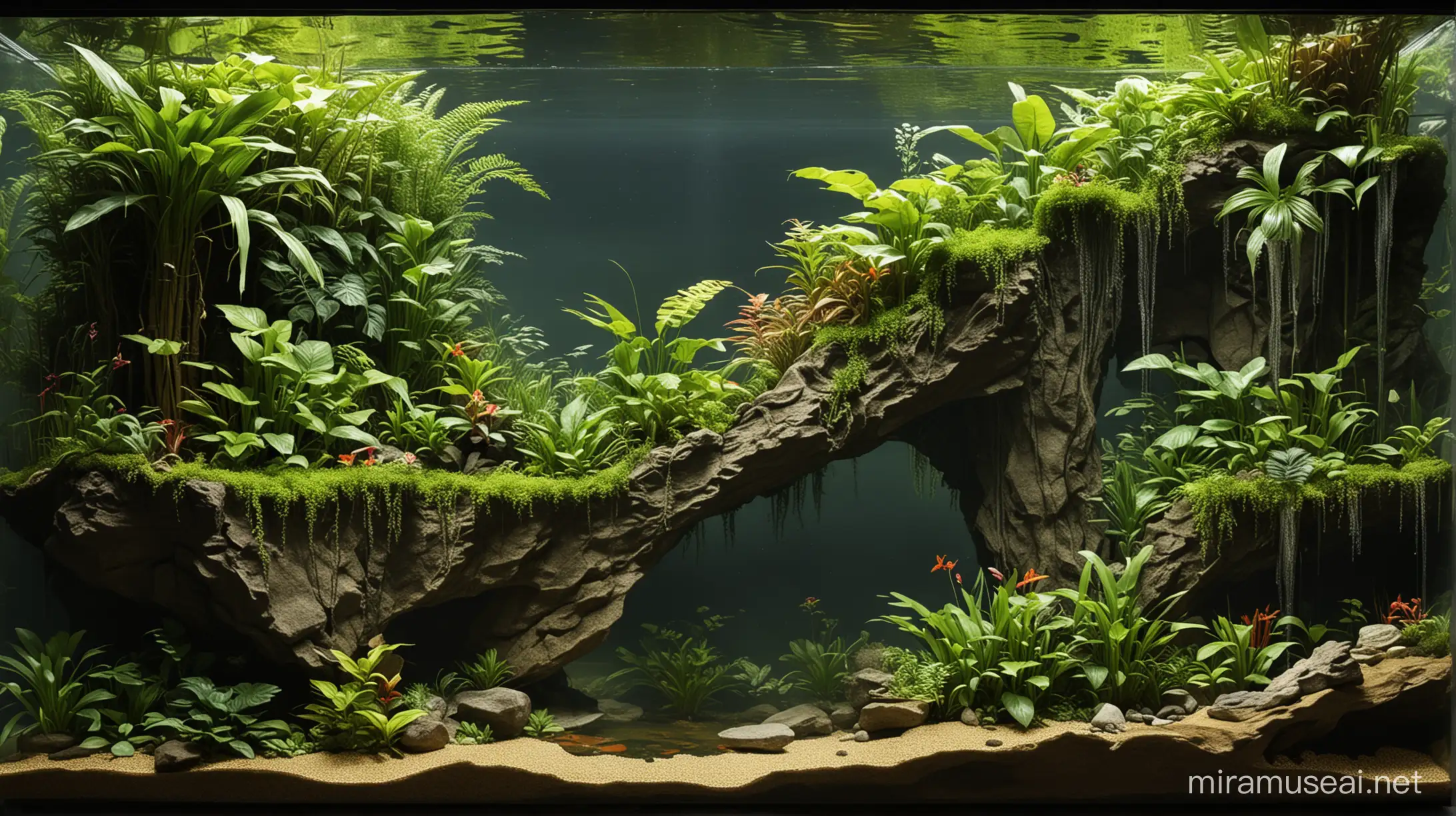 A lush tropical paludarium design of 130 cm long by 45 cm wide by 70 cm high, hosting a 175cm-long Elaphe Carinata with a high cliff cascading waterfall, featuring a 27 cm-deep lake-like area at the front. A large, concealed cave on the left offers a retreat, while the right boasts a warm, flat basking area for relaxation under a heat spot, balancing aquatic and terrestrial habitats with vibrant flora.