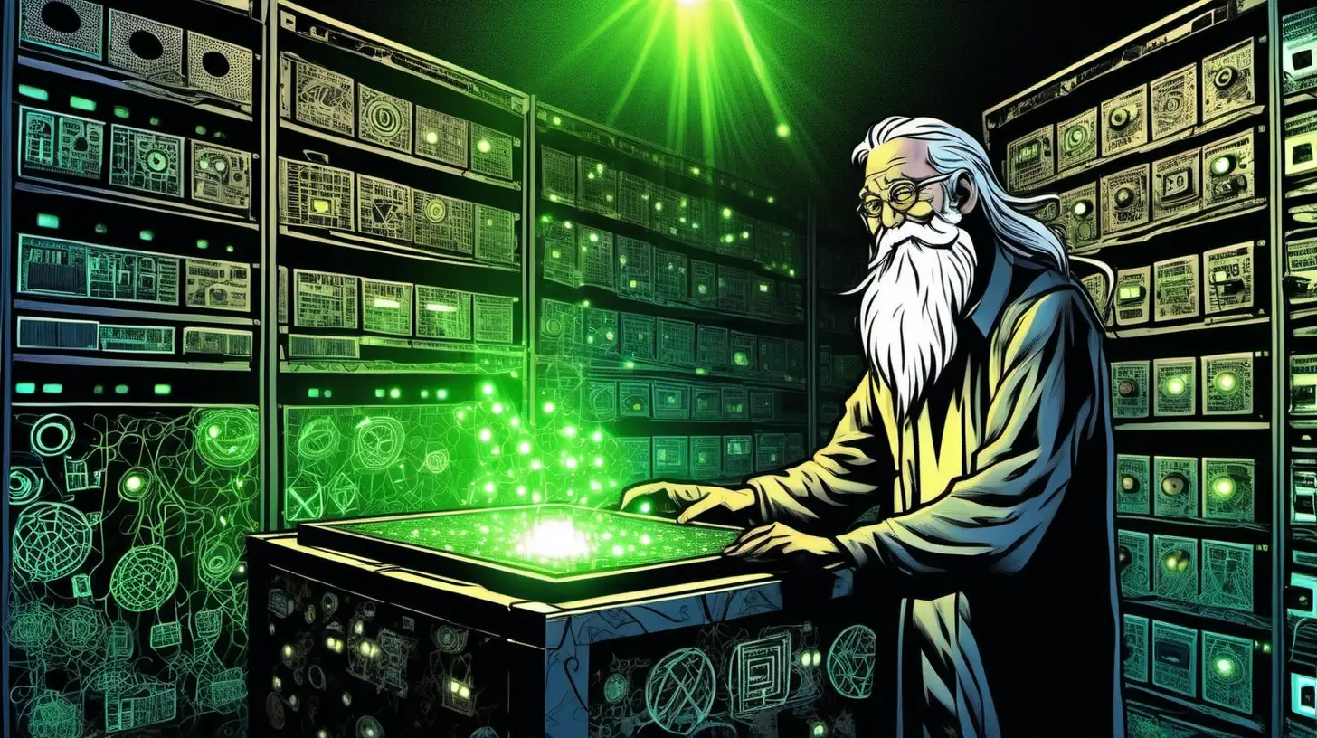 Young WomanApprentice Presenting Glowing Digital Data Box to Smiling Old DataArchive Wizard in Mysterious Arcane Server Room