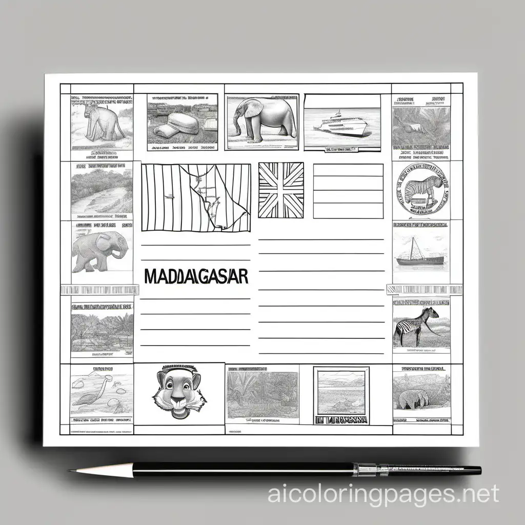 Madagascar-International-Stamps-Coloring-Page-with-Box-on-Table