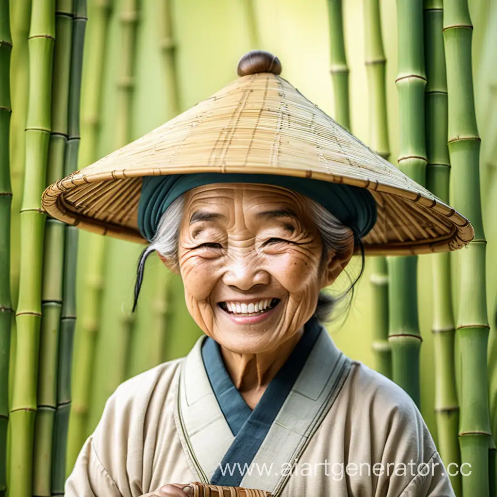 старая женщина азиатка маленький рост в бамбуковой шляпе на фоне бамбук шаманка ухмылка