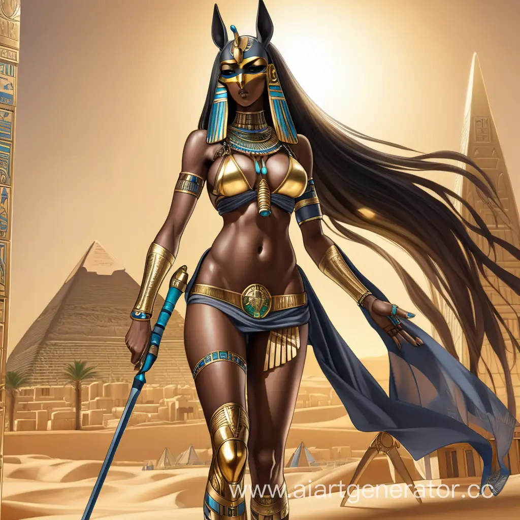 beaty anime girl with long hair black skin gold beautiful woman, ((, sun in the sky , FULL LENGTH PICTURE, full body visible, EGYPTIAN 1WOMAN, , skinny, perfect body, perfect breasts, (detailed face:1.3), TAN SKIN, anubis cyberpunk mechanical body parts spear in hand, egypt city on  mask on face background 