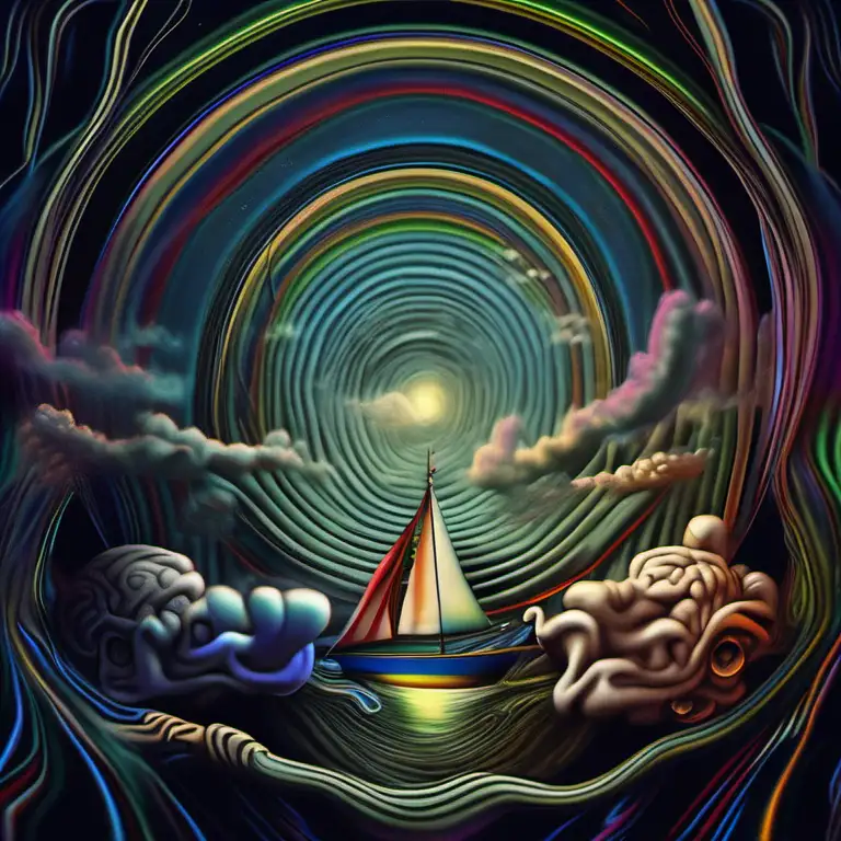 A little brain sailing, a sailing brain, trippy, surreal, highly detailed, realistic look, realistic colors, psychedelic, chaos, storm