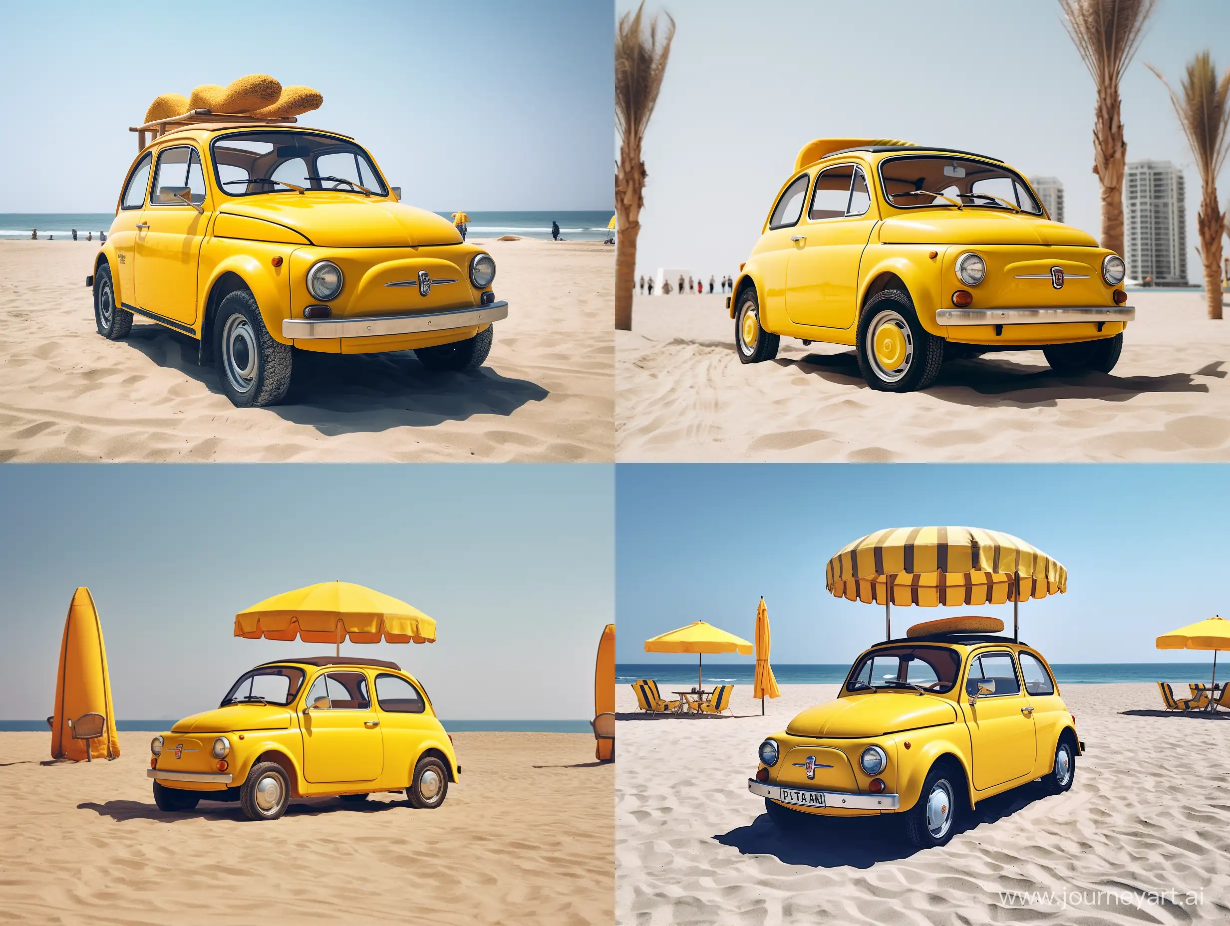 Sunny-Dubai-Beach-Day-with-a-Vibrant-Yellow-Fiat