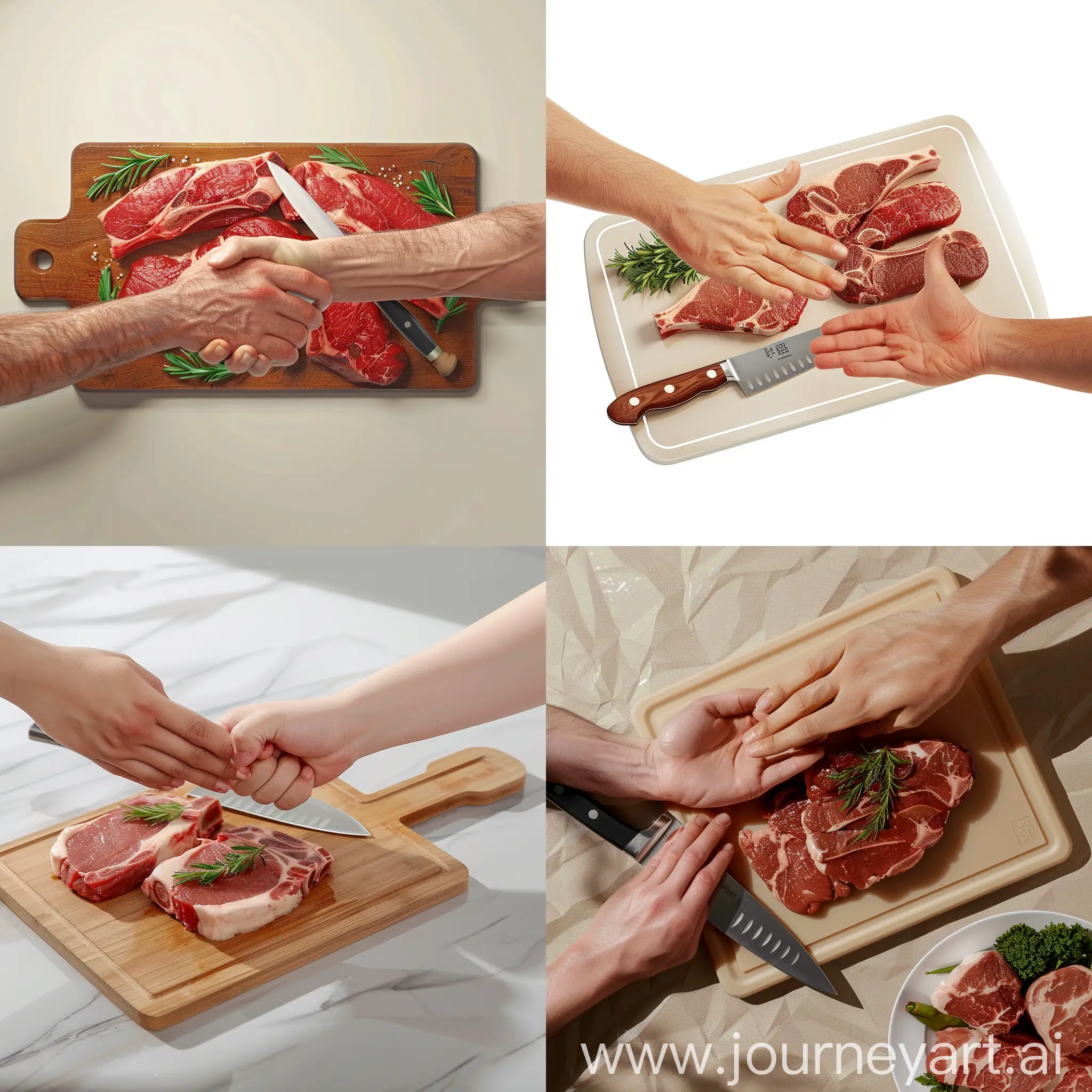 Two hands are shaking on a meat cutting board and there is a meat cutting knife, 3D pattern, cute hands, clear background
