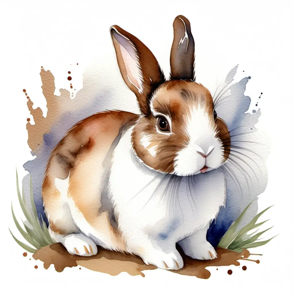 Graceful Watercolor Portrait of a Brown and White Netherland Dwarf Rabbit