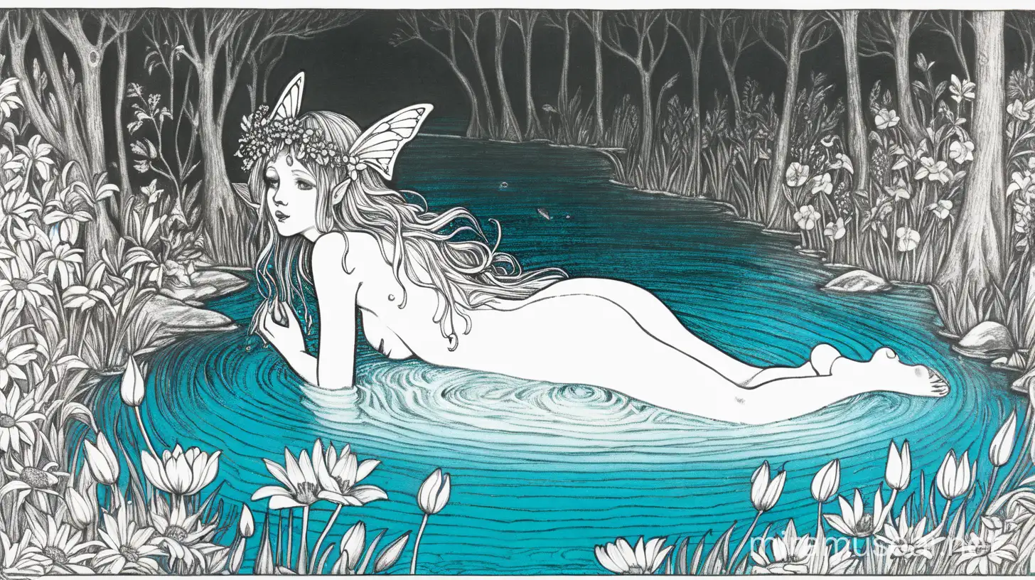 Enchanted Forest Nymph Bathing in a Lake Surrounded by Blooming Flowers