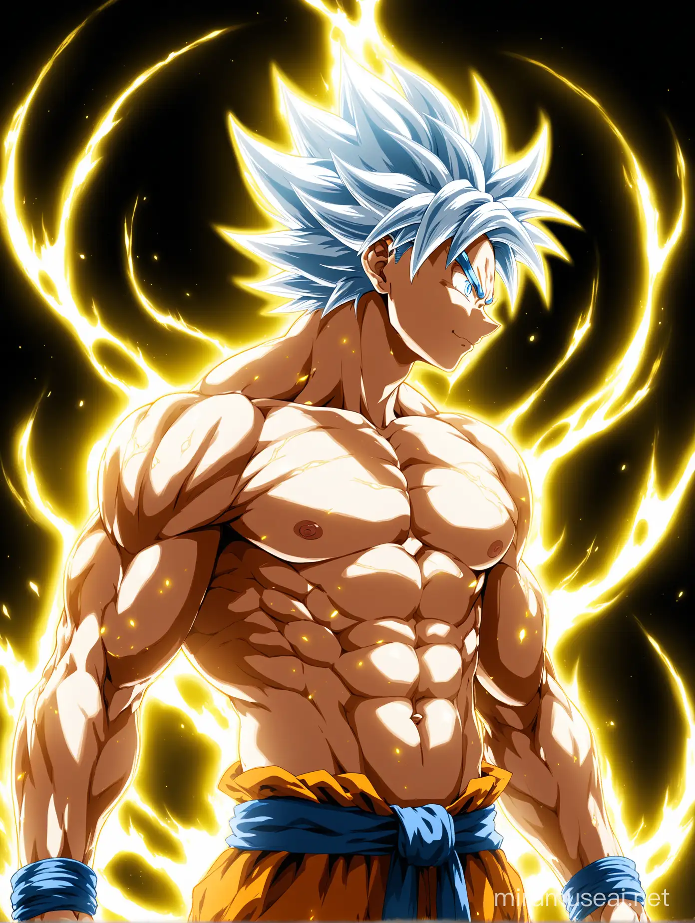 Shirtless Goku With a new white-yellow transformation with strong ultra white-yellow lighting aura, he's lean and vascular, he has white hair only no other colors, side view