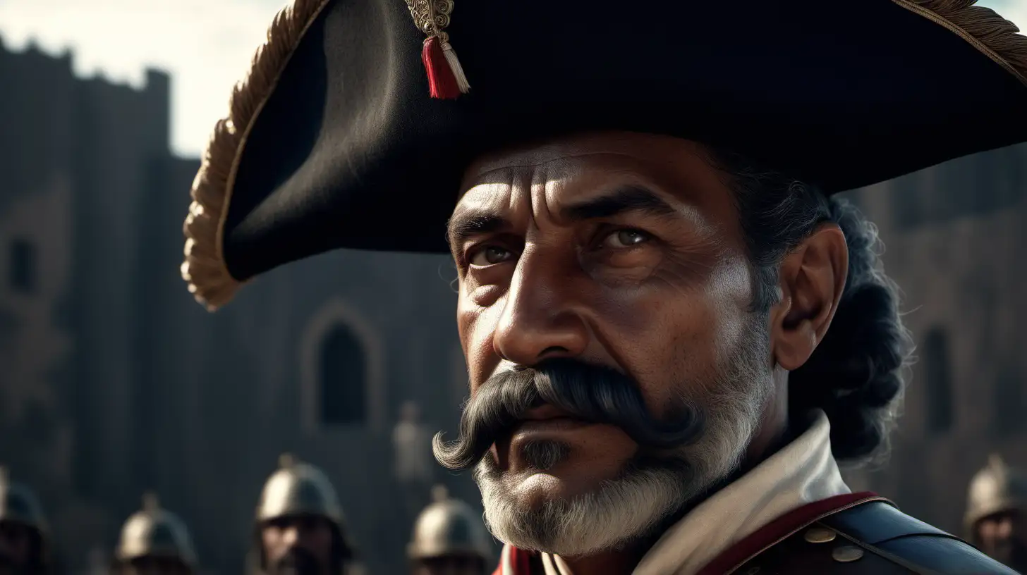 Hombre noble de 40 años , militar, moreno, Hernán Cortés, bigote ancho, barba poco poblada, año 1500, imagen ultra realista, iluminación cinemática,alta definición,8k