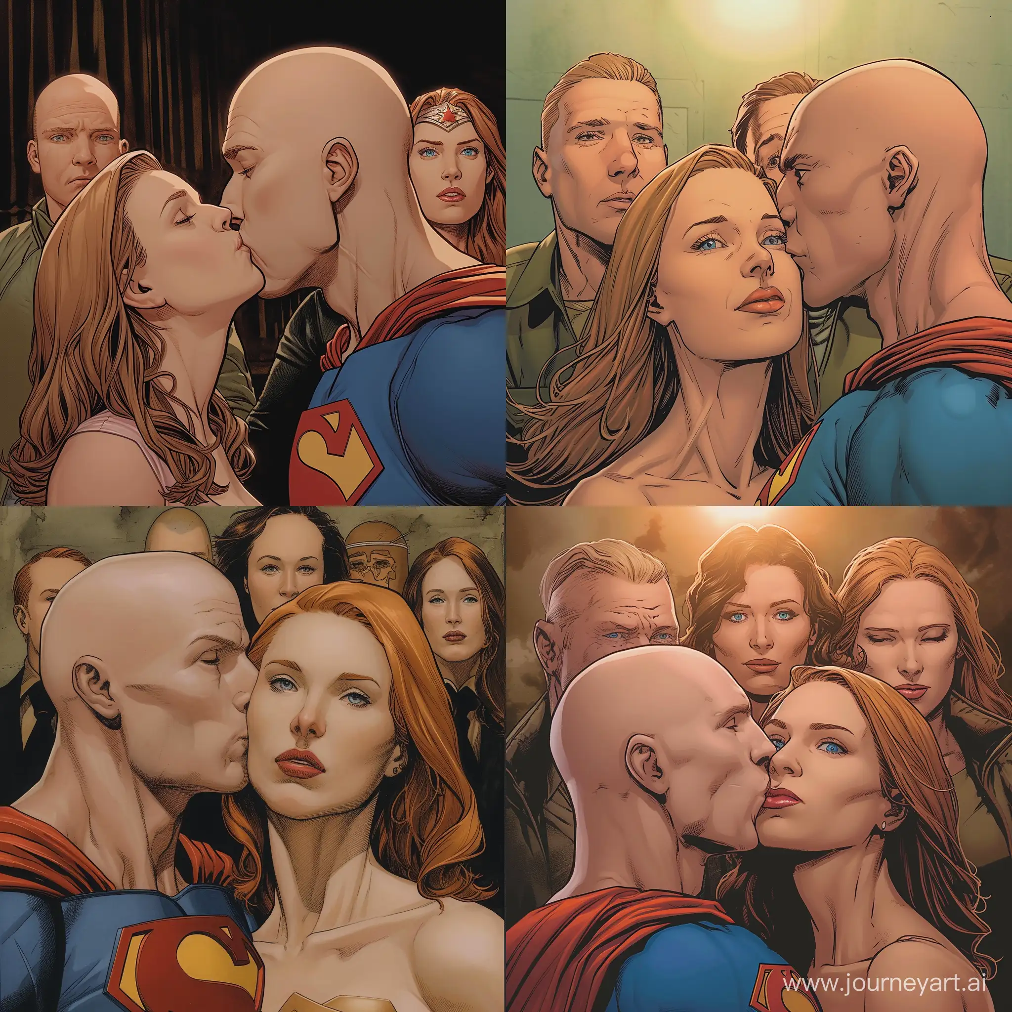 Lex Luthor, who looks like Michael Rosenbaum, bald kissing a woman. The woman has a light-medium golden complexion, a squared face shape, full lips, blue eyes, dirty blonde eyebrows arched toward the tail, a button nose, and long, straight strawberry blonde hair with wispy bangs. Meanwhile, Martha Kent who looks like Annette O’Toole version+, Jonathan Kent who looks like John Schneider version+, Clark Kent who looks like Tom Welling version+, Lois Lane who looks like Erica Durance version+, Chloe Sullivan who looks like Allison Mack version+, and Kara Zor-El who looks like Laura Vandervoort version+ are all watching in horror. In Jim Lee style art.