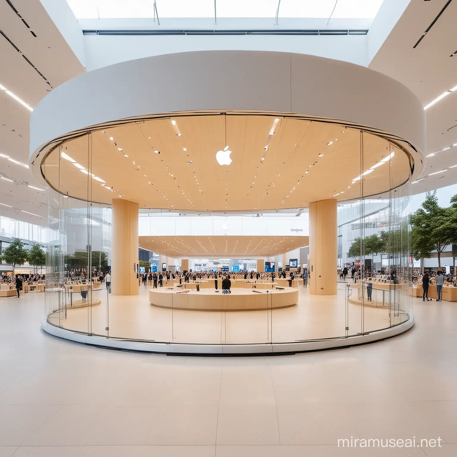 Elliptical Apple store called TROY located in a sunny shopping mall