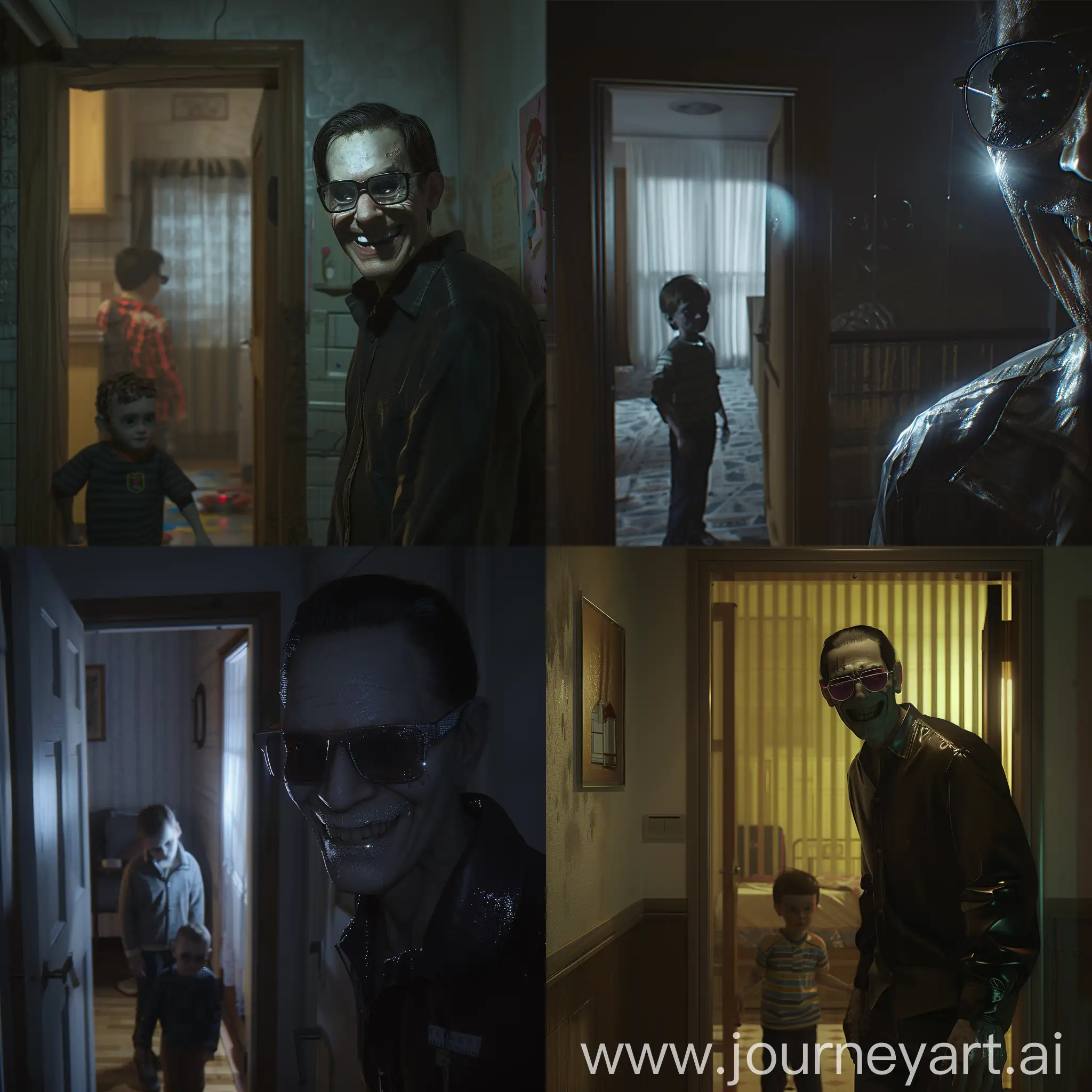 man, standing in the doorway of an apartment, shiny glasses lenses, creepy wide smile, looking at a little boy, gloomy atmosphere, hyper-realism, 8K image quality, ultra detail