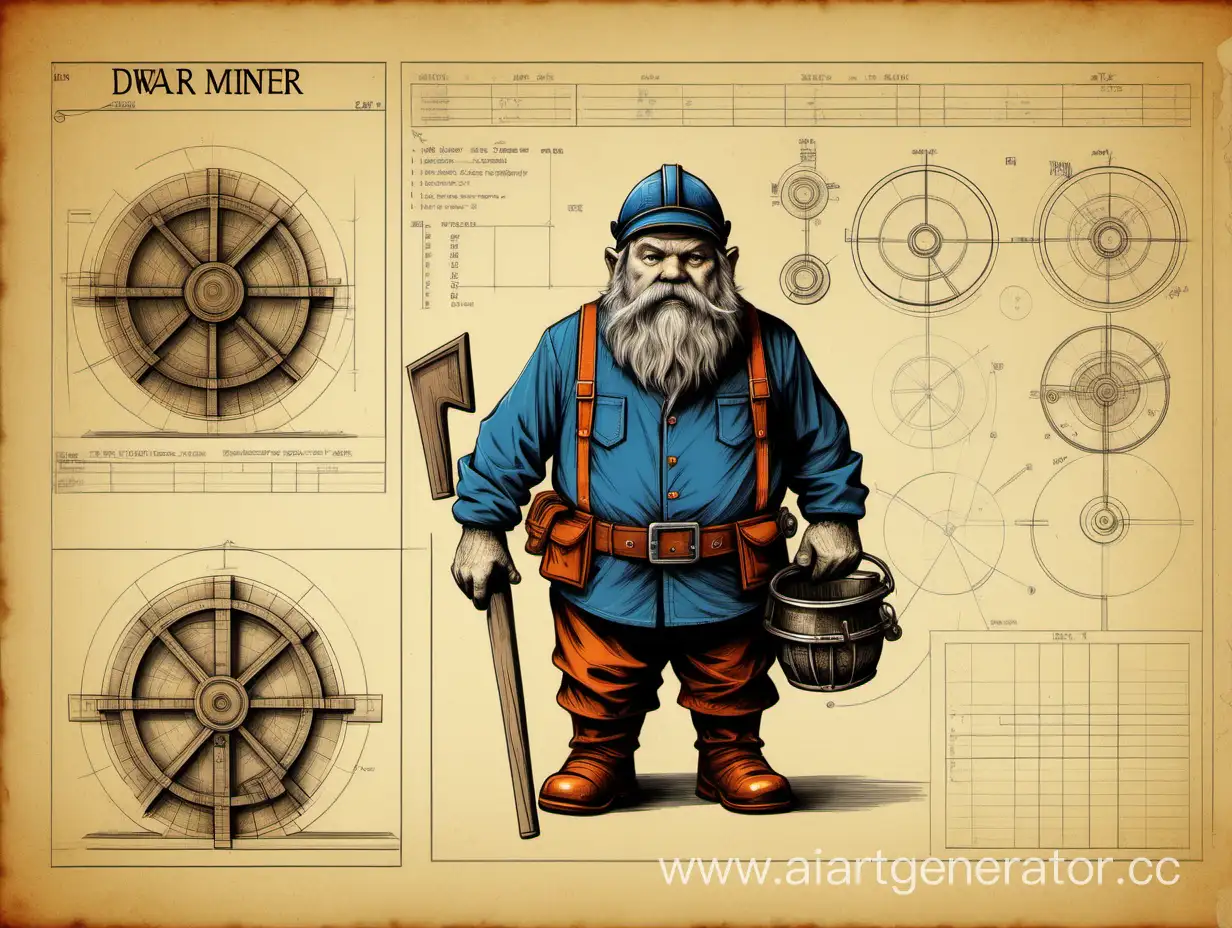 Analytical drawing of a dwarf miner , blueprint style colors and diagrams, size and dimensions visable