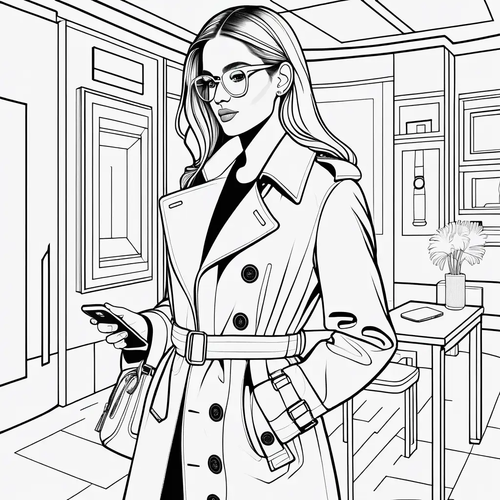 Fashionable Woman in TechFriendly Trench Coat Coloring Page