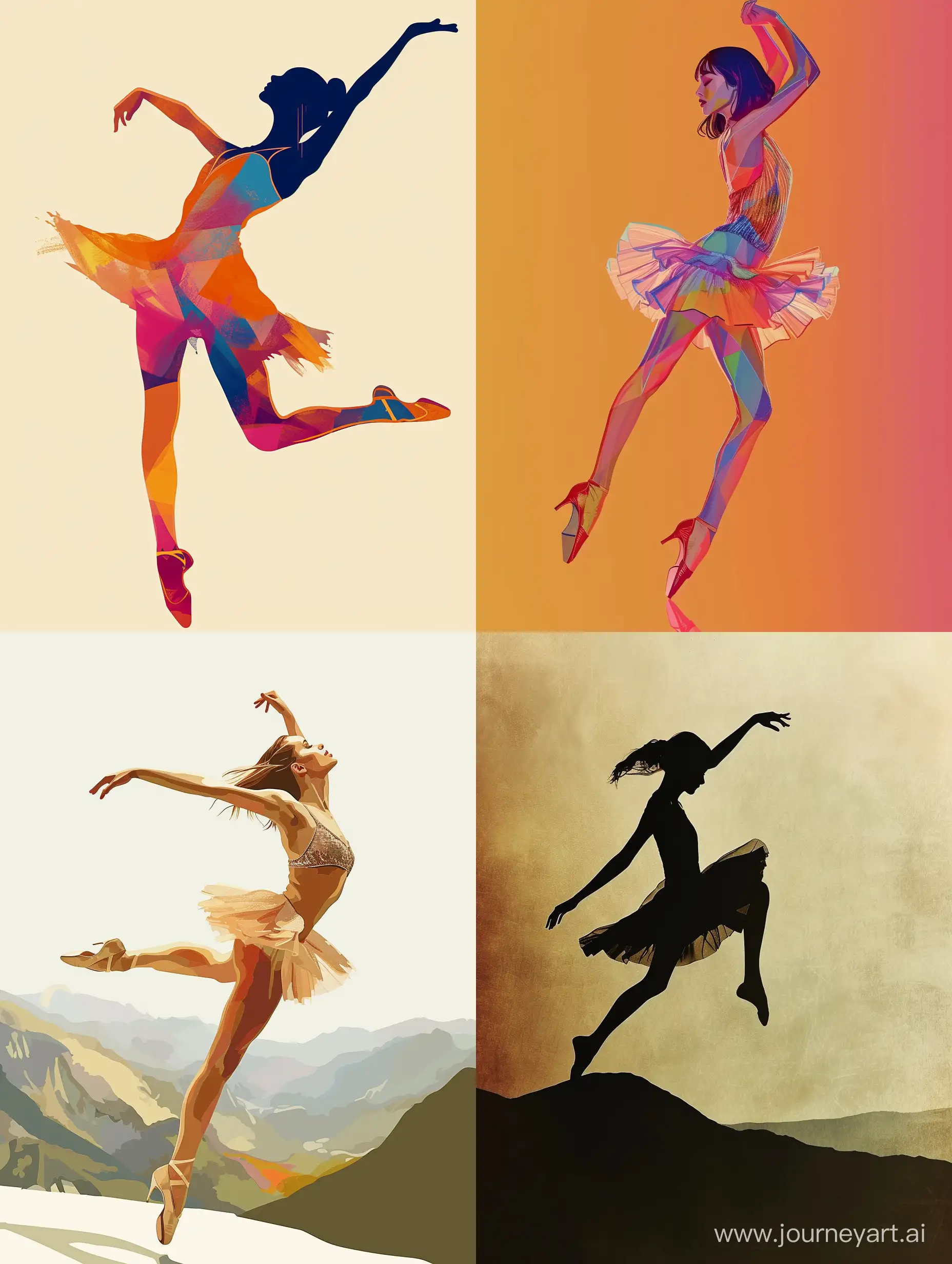 Танцовщица хайхиллз танцует в красивом коротком платье в ботинках на высоких каблуках,  цвет красивый, краски яркие, стиль минимализм, стиль символизм, иллюстрация