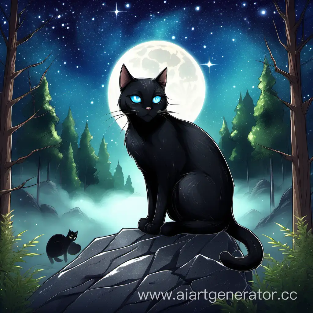 Черный кот с голубыми глазами сидит на скале и смотрит прямо на нас с хитрым взглядом. Кругом лес и звездное небо